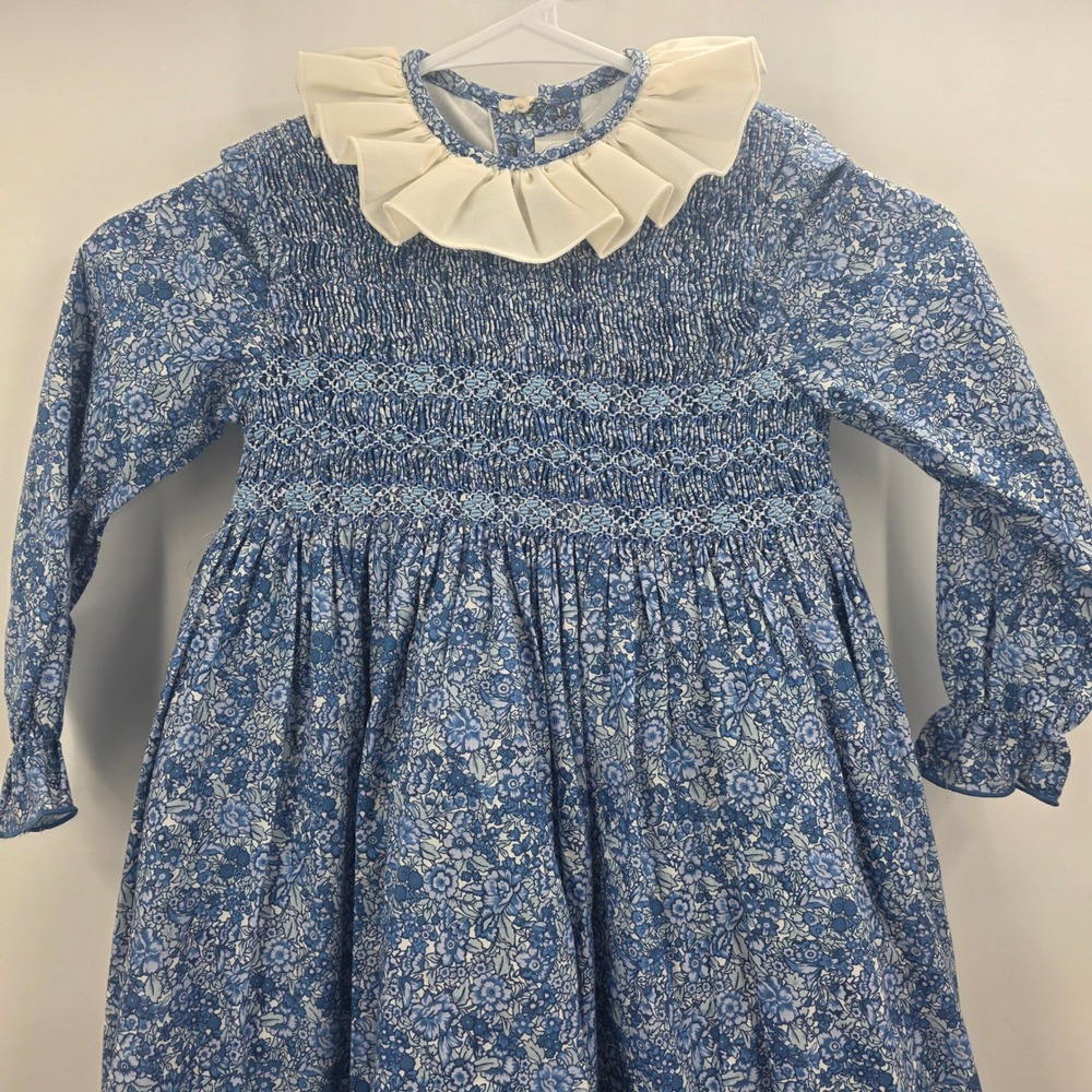 NEW PEPA LONDON DAPHNE FLORAL SMOCKED DRESS GIRLS 6Y BLUE FRILL LONG SLEEVE $410 - Picture 4 of 16